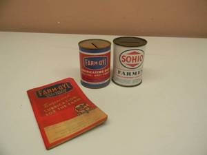 lot 97 image: VINTAGE SOHIO FARMEX OIL CAN ADVERTISING BANK & FARM-OYL OIL CAN ADVERTISING BANK WITH ADVERTISING NOTEBOOK - VERY COOL COLLECTION - SEE PICTURES