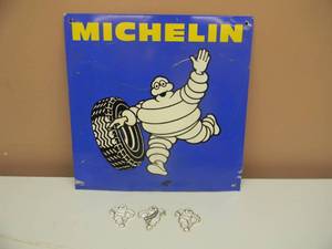 lot 114 image: VINTAGE MICHELIN MAN TIRES METAL ADVERTISING SIGN - APPROX 12 BY 12 & 3 VINTAGE ORIGINAL MICHELIN MAN MAGNETS - AWESOME SET - SEE PICTURES