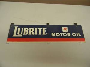lot 116 image: VINTAGE LUBRITE MOTOR OIL METAL HANGING SIGN - NICE - APPROX 15 BY 4 - SEE PICTURES