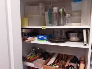 lot 54 image: Contents Of 3-Shelves Tupperware, Utensils, Misc.