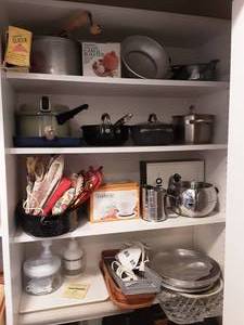 lot 58 image: Contents Of 4-Shelves Pressure Cooker, Pots & Pans, & More