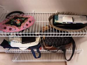 lot 73 image: Closet Contents Purses, Bob Mackie Scarf, Shoes & Boots Size 7, Hats, Scarves, Gloves