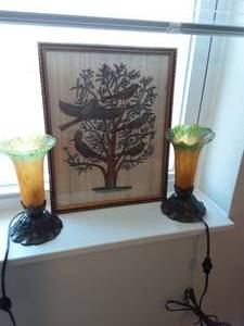 lot 79 image: 2-Glass Shade Lamps & A Partridge In A Pear Tree Framed Picture