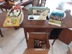 lot 112 image: White Sewing Machine With Cabinet & Sewing Notions 30x21x30