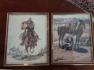 lot 117 image: 2-Framed Cowboy Prints By Berge 1987 8.5 x10.5