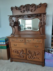 lot 121 image: Antique Carved Wood Sideboard Hutch With Mirror 48x22x76