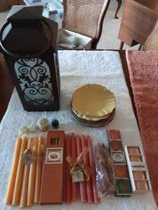 lot 178 image: Metal Lantern, New Marshall Fields Plates, Candles, Napkin Rings
