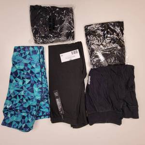 5 Womens Athletic Leggings-(1)Small Green and Blue Patterned Head (3) One Size Fits All Black Leggings Depot NEW WTAGS, (1) Small Reebok Black Capri Joggers