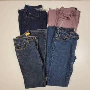 4  Pairs of Womens Jeans-(1) Size 6R Express Brown Distressed Jeans, (1) Size 4 X 29 Duluth Trading Company Dark Straight LeggedJeans, (1) Size 3 Pascal Straight Legged Jeans, (1) Size 5 So Boot CutJeans