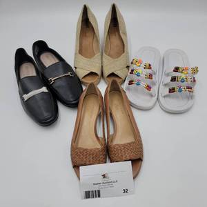 4 Pairs of Womens Shoes- (1) 9 Beaded Sandals, (1) 9 Jean Ardor Black Loafers, (1) 8.5 White Mountain Wedge Espadrilles, (1) 6M Anne Klein Brown Leather Low Wedge Shoe