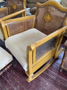 lot 174 image: Two 1920s Birch Cane Back Rocker and Chair and Upholstered Stool