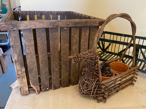lot 216 image: Vintage Wooden Crate, Twig Basket and Metal Planter