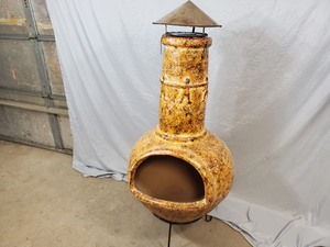 lot 1 image: New Clay Chiminea Fire Pit with Stand and Cap - Cosmetic Crack