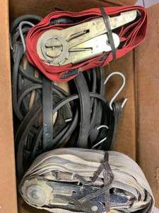 lot 43 image: Box Full of Bungee Cords & Tie Down Straps