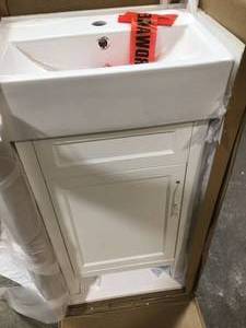 lot 23 image: Home Decorators Arvesen 18 in. W x 12 in. D Vanity in White with Ceramic Vanity Top in White with White Sink see pictures