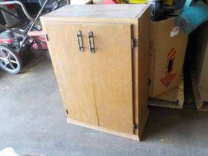lot 32 image: Wood Cabinet and 2 Stools...