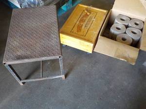 lot 38 image: Metal Bench, Pull Wagon, and Paper ...