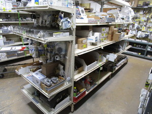 lot 535 image: Double Sided Gondola Shelving 10 Long w17 End Cap 40 Wide 68 Tall (contents not included)