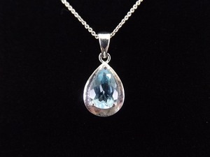 .925 Sterling Silver Pear Cut Blue Topaz Crystal Pendant Necklace