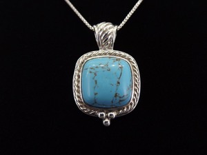 .925 Sterling Silver Turquoise Howlite Square Cabochon Pendant Necklace