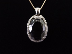 .925 Sterling Silver Large Faceted Onyx Zirconia Accented Pendant Necklace