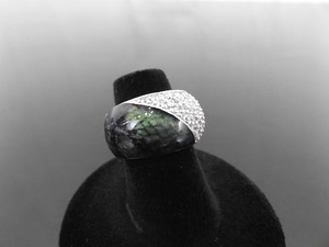 .925 Sterling Silver Green Lizard Skin Enamel Crystal Accented Dome Ring Size 5.25