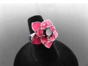 .925 Sterling Silver Faceted Garnet Pink Enamel Flower Ring Size 6