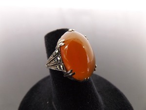 .925 Sterling Silver Antique Art Nouveau Amber Cabochon Ring Size 5