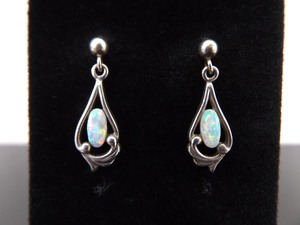 .925 Sterling Silver Opal Cabochon Dangle Post Earrings