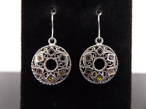 .925 Sterling Silver Multi Color Gemstone Scrolled Dangle Hook Earrings
