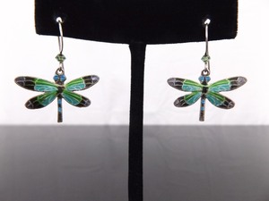 .925 Sterling Silver Guilloche Enamel Dragonfly Dangle Hook Earrings