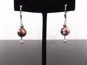 .925 Sterling Silver Red Cloisonne Ball Pearl Clamp Hook Dangle Earrings