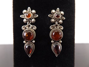 .925 Sterling Silver Garnet Cabochon Dangle Post Earrings
