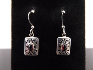 .925 Sterling Silver Garnet Cabochon Scrolled Shield Dangle Hook Earrings