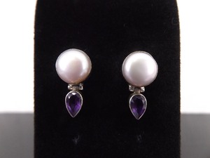 .925 Sterling Silver Hinged Pear Cut Amethyst Genuine Pearl Post Earrings