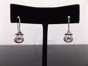 .925 Sterling Silver Oval Cut Amethyst Druzy Accented Hook Latch Earrings