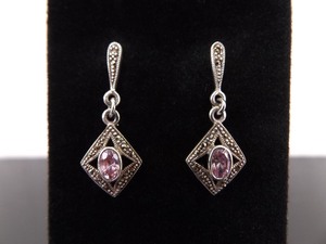 .925 Sterling Silver Art Nouveau Oval Cut Pink Sapphire Dangle Post Earrings