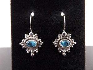 .925 Sterling Silver Oval Cut Blue Topaz Hook Earrings