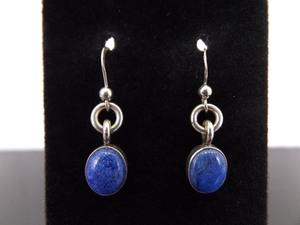 .925 Sterling Silver Lapis Lazuli Cabochon Dangle Hook Earrings