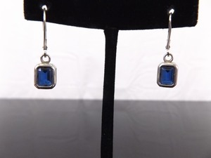 .925 Sterling Silver Square Cut Blue Sapphire Crystal Dangle Hook Clamp Earrings