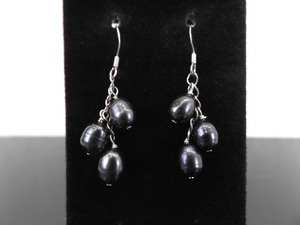 .925 Sterling Silver Genuine Black Pearl Dangle Hook Earrings
