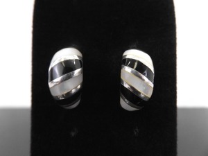 .925 Sterling Silver Inlayed Onyx and Mother of Pearl Quarter Hoop Post Earrings