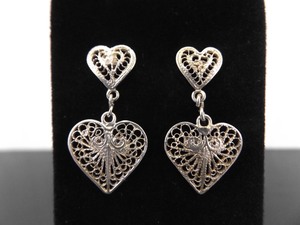 .925 Sterling Silver Filligree Heart Dangle Post Earrings