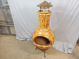 lot 3 image: Brand New Clay Chiminea Fire Pit with Stand and Rain Cap