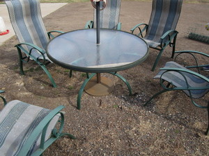 lot 237 image: Patio Table, Umbrella, Five Chairs