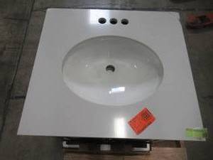 lot 326 image: Dorel Living Irving 36 in. W Bath Vanity in Dark Walnut with Soft White Engineered Stone Vanity Top w Pre-Installed Porcelain Basin FH8050-C