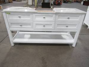 lot 107 image: Home Decorators Collection Austell 67 x 22 Double Bath Vanity Cabinet in White. - Top is broken and Bottom LH Drawer needs to be reattached.