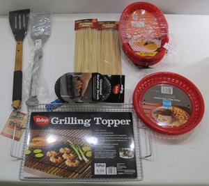 lot 995 image: Grilling BBQ Lot - Spatuala, Skewers, Plates, Scrub Brush, Roasting Plate