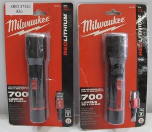 lot 926 image: Lot of 2 Milwaukee 700 Lumen LED Rechargable Flashlights 2110-21