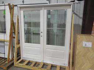lot 43 image: 72 in. x 80 in. Fiberglass Smooth White Right-Hand Inswing Hinged 34-Lite Patio Door with 4-Lite GBG